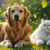Dog and cat with shiny coats in natural sunlight, symbolizing healthy fur from natural care.