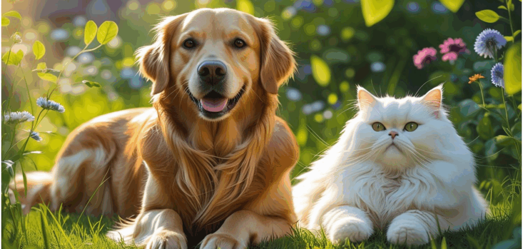 Dog and cat with shiny coats in natural sunlight, symbolizing healthy fur from natural care.
